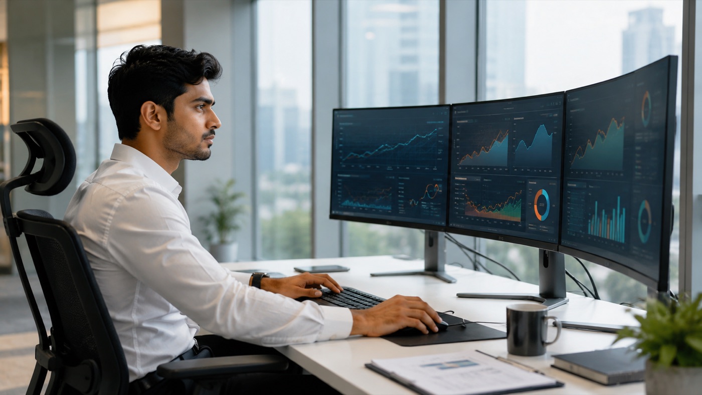 Analyst at a multi-monitor workstation