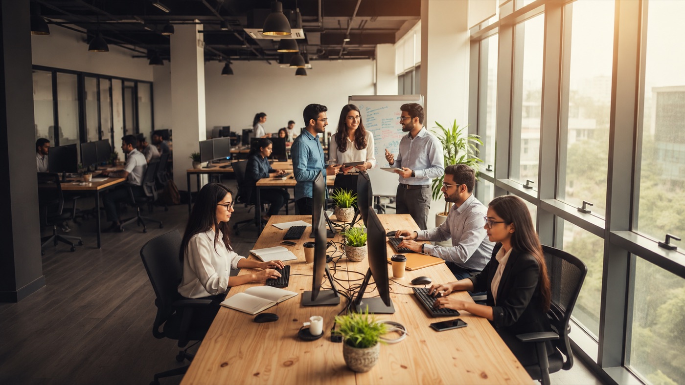 Team collaborating in a modern Indian office